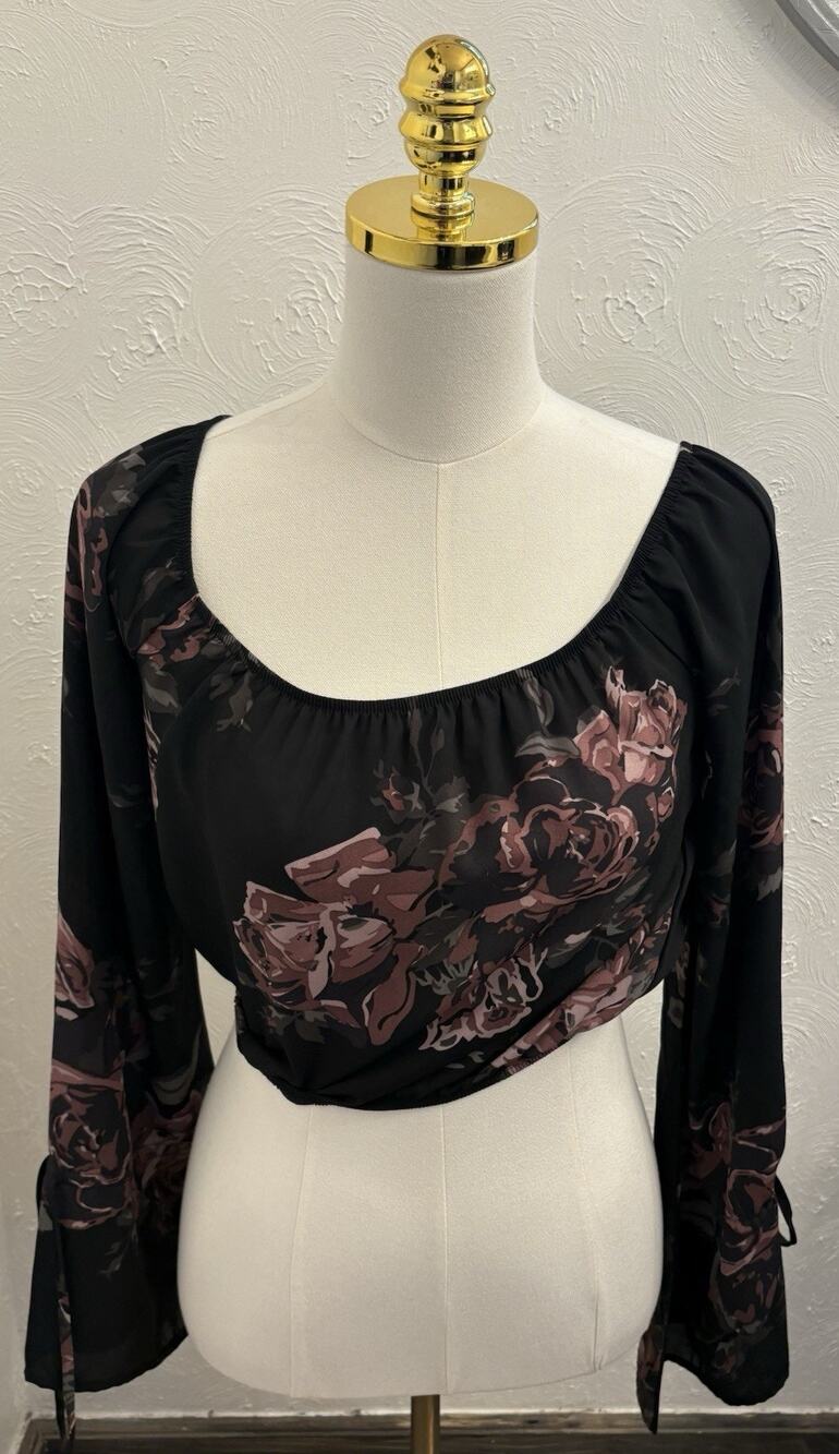 Tobi Off-Shoulder Floral Blouse Size Small Black Lightweight Cropped